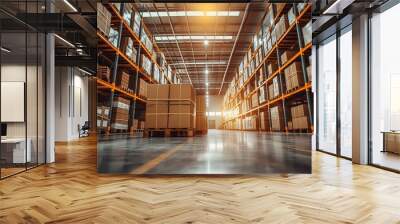 close up photo of large logistic business transport warehouse indoors with boxes and palletes ready  Wall mural