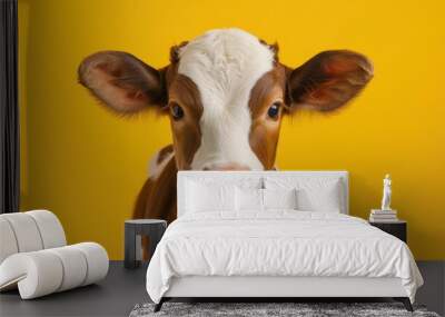 Cute brown cow calf standing on yellow background looking at camera with copyspace studio shot Wall mural