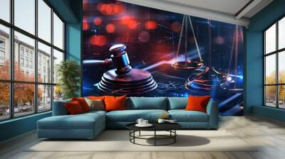 Cyber crime justice background Judge's gavel and scales standing on virtual table in digital cyberspace Wall mural