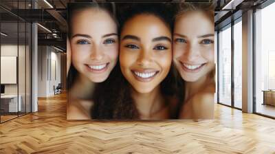 Diverse african american, caucasian and hispanic model looking women portrait in the office smiling at camera with toothy smile as diversity and inclusivity concept Wall mural