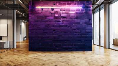 Modern futuristic 3d render neon lights on old grunge brick wall room background. AI generative copyspace image. Wall mural