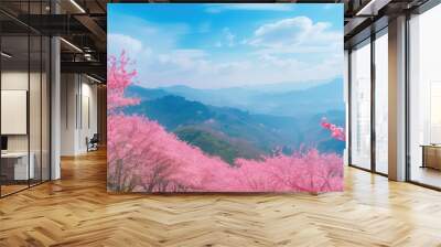 Sakura in bloom landscape spring blossom image in Japan on sunny day Wall mural