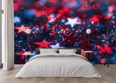 Shimmering glittering blue red and white stars lit by light festive patriotic background Wall mural