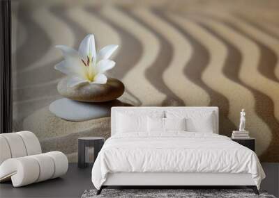 Spa salon zen garden with sand stones and tender white flower Wall mural