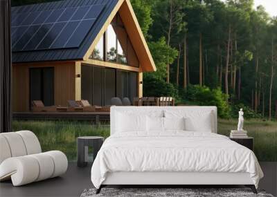 Suburban passive house with solar panels in green summer forest. AI generative image. Wall mural