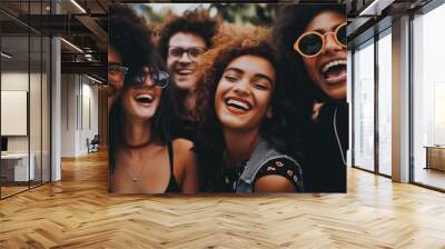 Three diverse young beautiful women and two men in modern stylish clothes smiling with healthy toothy smile at camera indoors on city street on a vacation as mature friendship representation Wall mural