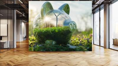 Wind turbine reflecting in energy saving piggy bank against green nature background as exo-friendly electricity source poster or banner with copyspace Wall mural