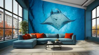 A Manta Ray- Manta alfredi - swims under the sun creating an eclipse. Taken in Komodo National Park, Indonesia. Wall mural