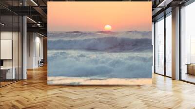 Sunrise and shining waves in ocean. Tropical beach panorama Wall mural