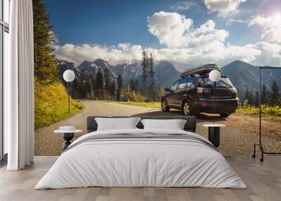 car for traveling with a mountain road Wall mural