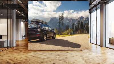 car for traveling with a mountain road Wall mural