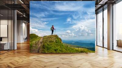 Young woman hiking in the mountains Wall mural