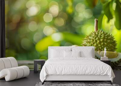 a durian on wood table. with a green background. Wall mural