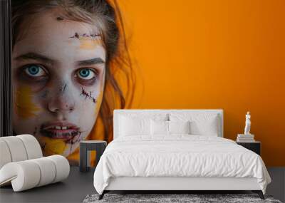 A simple and clean closeup photograph of a teenage wearing a Halloween zombie costume, set against a bright orange background.  Wall mural