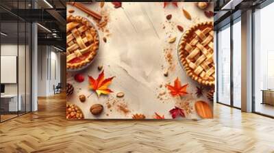 An autumn-themed harvest festival advertisement centered around a pie baking contest, with an editable layout featuring a clean design with a border of pies, fall foliage, and baking tools. Wall mural