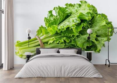 Isolated shot of a bundle of lettuce leaves arranged neatly on an empty white surface, emphasizing their farm-fresh  Wall mural