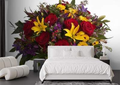 A bouquet of flowers with a mix of bright red roses, yellow daisies, and purple lilies. Wall mural