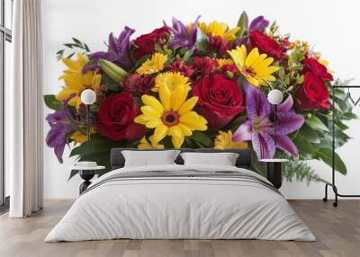 A bouquet of flowers with a mix of bright red roses, yellow daisies, and purple lilies. Wall mural