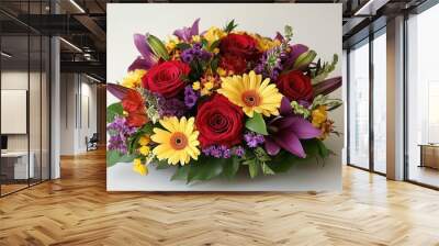 A bouquet of flowers with a mix of bright red roses, yellow daisies, and purple lilies. Wall mural