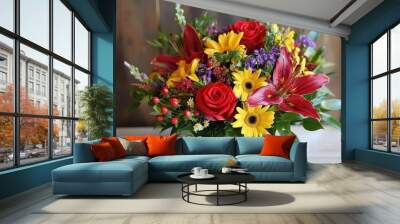 A bouquet of flowers with a mix of bright red roses, yellow daisies, and purple lilies. Wall mural