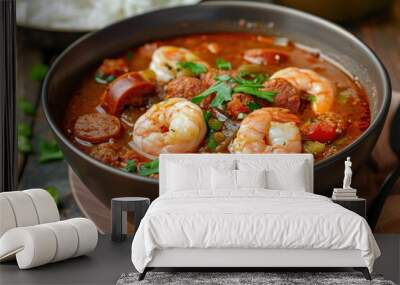 A bowl of gumbo, a hearty stew with shrimp, sausage, okra, and spices, served with a scoop of white rice.  Wall mural