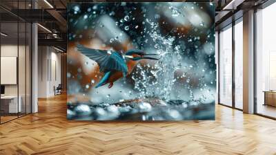 A close-up of a common kingfisher diving into a crystal-clear stream, with water droplets frozen in mid-air. Wall mural