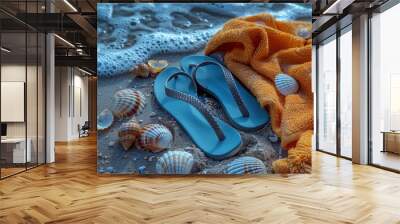 A close-up of flip-flops and a beach towel laid out on the sand, with seashells scattered around.  Wall mural