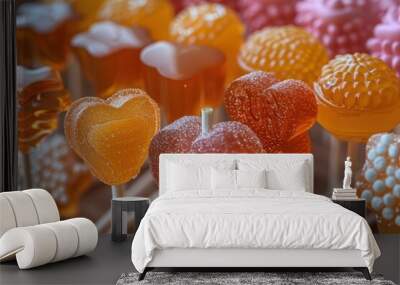 A collection of lollipops of different shapes and sizes, including hearts, stars, and swirls.  Wall mural