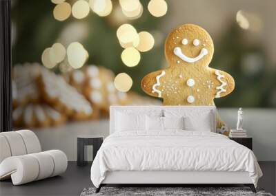 A Decorated Gingerbread Man Cookie on a White Surface Wall mural