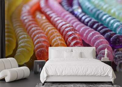 A detailed image of sour gummy worms in bright neon colors.  Wall mural