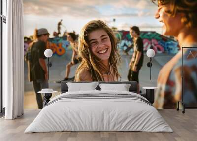 A girl is smiling and posing for a picture with her friends at a skate park Wall mural