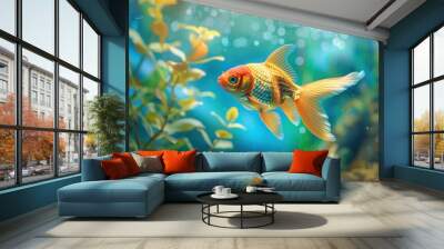 A gold and orange fish swimming in a blue ocean. The fish is surrounded by green plants and the water is clear Wall mural