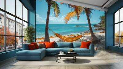 A hammock tied between two palm trees, gently swaying with the ocean in the background.  Wall mural