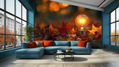 A Light Bulb Glowing Among Autumn Leaves Wall mural