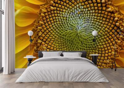 A macro shot of a sunflower's center, highlighting the intricate pattern of seeds and the bright yellow petals. Wall mural