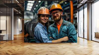 A man and a woman are posing for a picture in a factory. The man is wearing a hard hat and the woman is wearing a hard hat and a blue shirt. Concept of international workers' day Wall mural