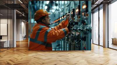 A man in an orange jacket is working on a control panel Wall mural