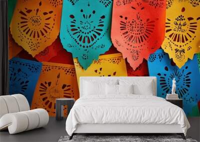 A Mexican fiesta with decorations in bright colors and traditional papel picado banners Wall mural