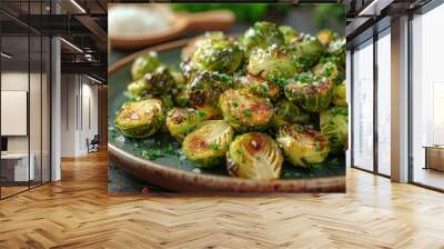 A plate of roasted Brussels sprouts with a sprinkle of sea salt and a squeeze of lemon juice.  Wall mural