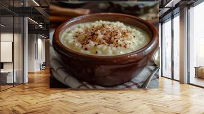 A serving of rizogalo, a creamy rice pudding sprinkled with cinnamon, served in a rustic ceramic bowl. Wall mural