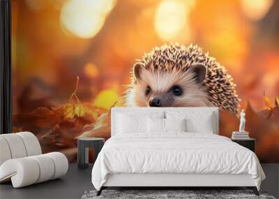 A Small Hedgehog Amidst Autumn Leaves Wall mural