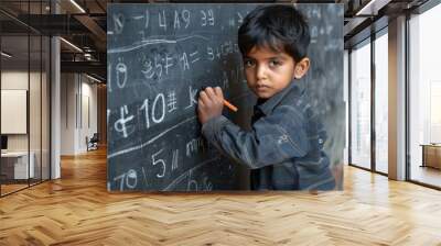 A young student writing on a chalkboard, practicing letters or numbers, with a look of concentration. Wall mural