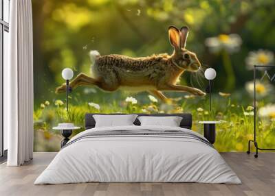 An elegant European hare running through a green meadow, flowers in full bloom around it. Wall mural