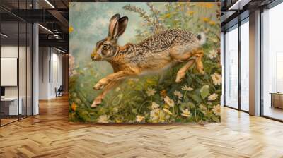 An elegant European hare running through a green meadow, flowers in full bloom around it. Wall mural