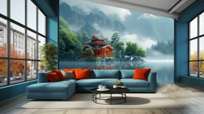 Ancient Temple in a Tranquil Setting, a serene shot of an ancient temple nestled in a peaceful landscape, showcasing the timeless beauty of architectural heritage. Wall mural