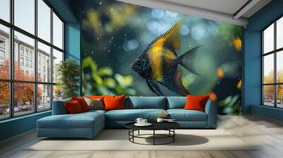 Angelfish gliding elegantly in a planted aquarium, symbolizing gracefulness.  Wall mural