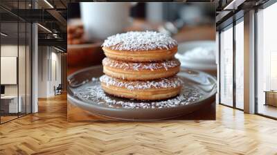 Argentina: Alfajores Two soft cookies sandwiching a layer of dulce de leche, edges rolled in shredded coconut, and a dusting of powdered sugar on top.  Wall mural