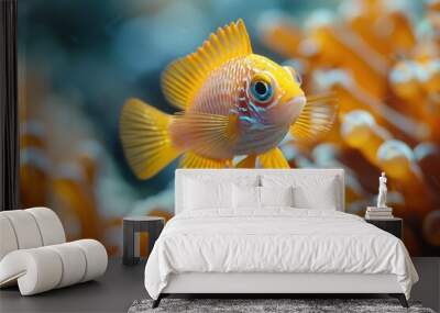 Baby Fish: A bright, colorful baby fish, swimming among coral reefs in the ocean. Wall mural