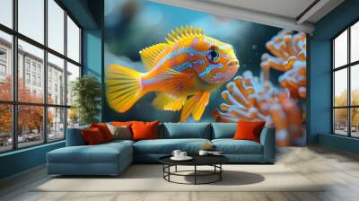 Baby Fish: A bright, colorful baby fish, swimming among coral reefs in the ocean. Wall mural