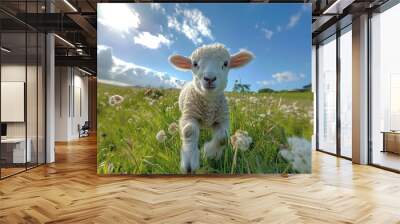 Baby Lamb: A fluffy white lamb, frolicking in a green pasture under a bright blue sky.  Wall mural